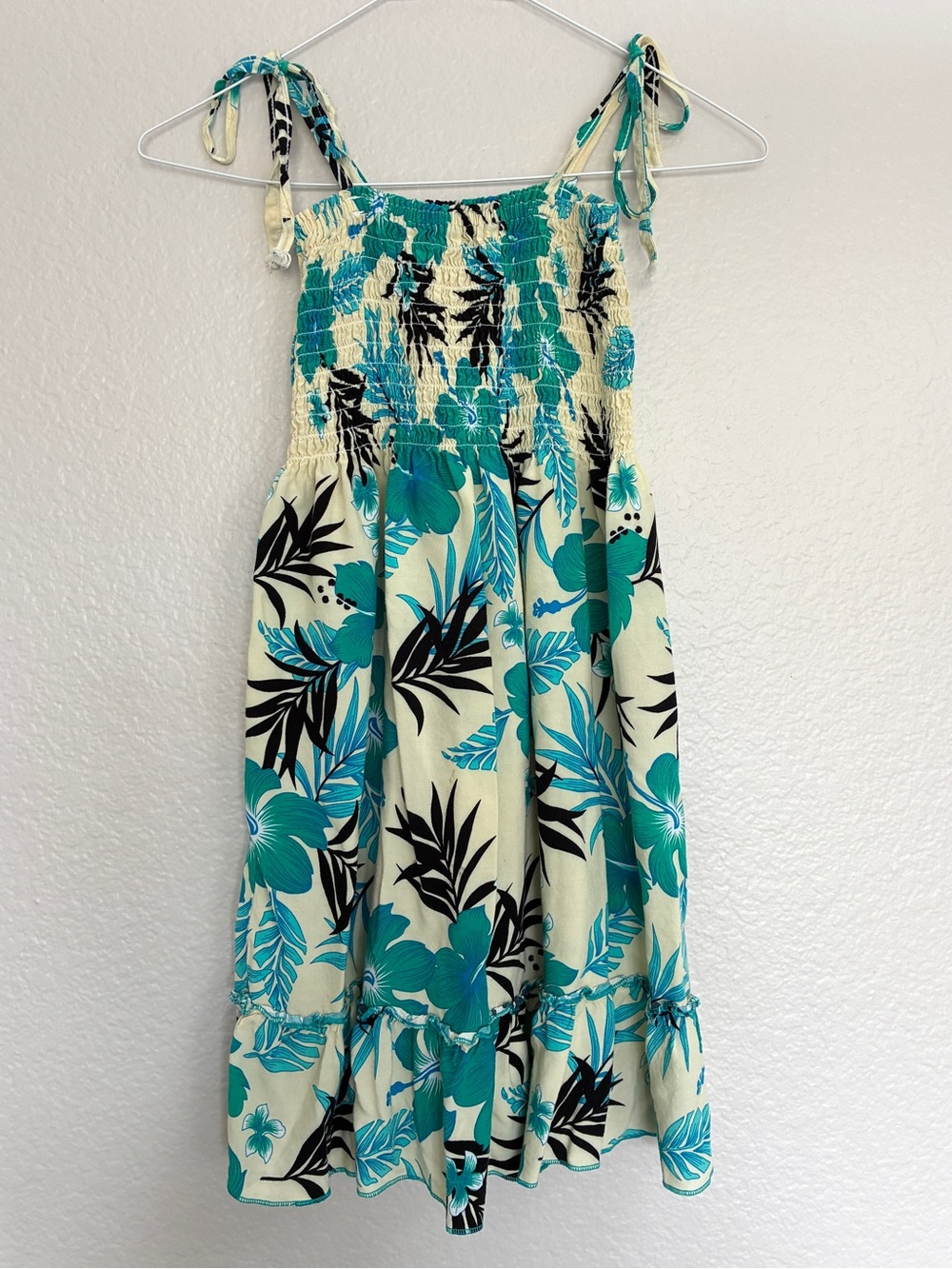 VTG Teal Yellow-Cream & Black Floral Smocked Aloha Fashion Sundress Rayon Y2K XS